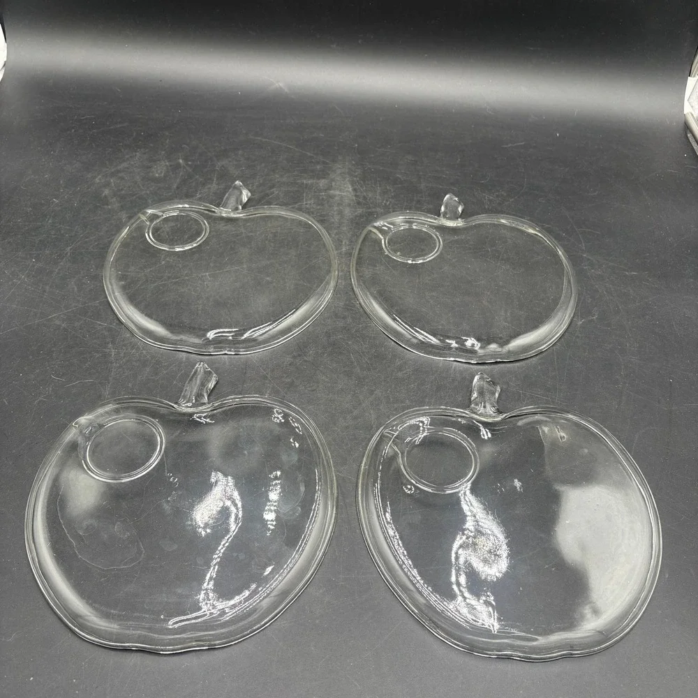 Vtg Hazel Atlas Clear Glass Apple Shaped Snack Plates Set of 4 Luncheon Trays